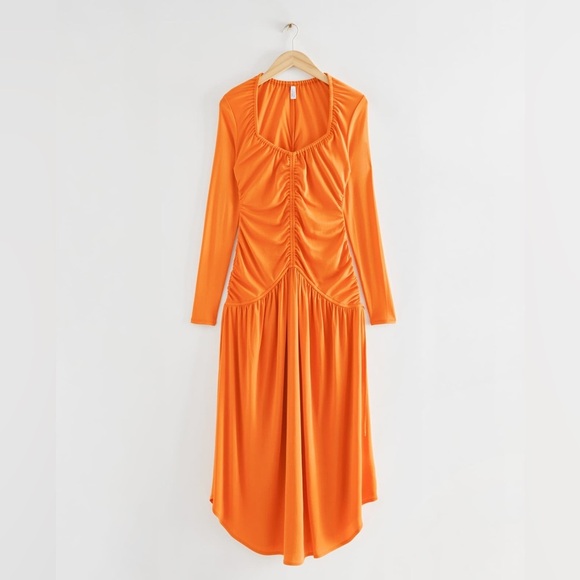 & Other Stories Fitted Ruched Dress in Orange - Picture 1 of 11